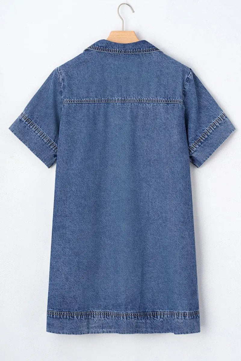 Blue Short Sleeve Collared Patched Pocket Denim Mini Dress - Love Salve